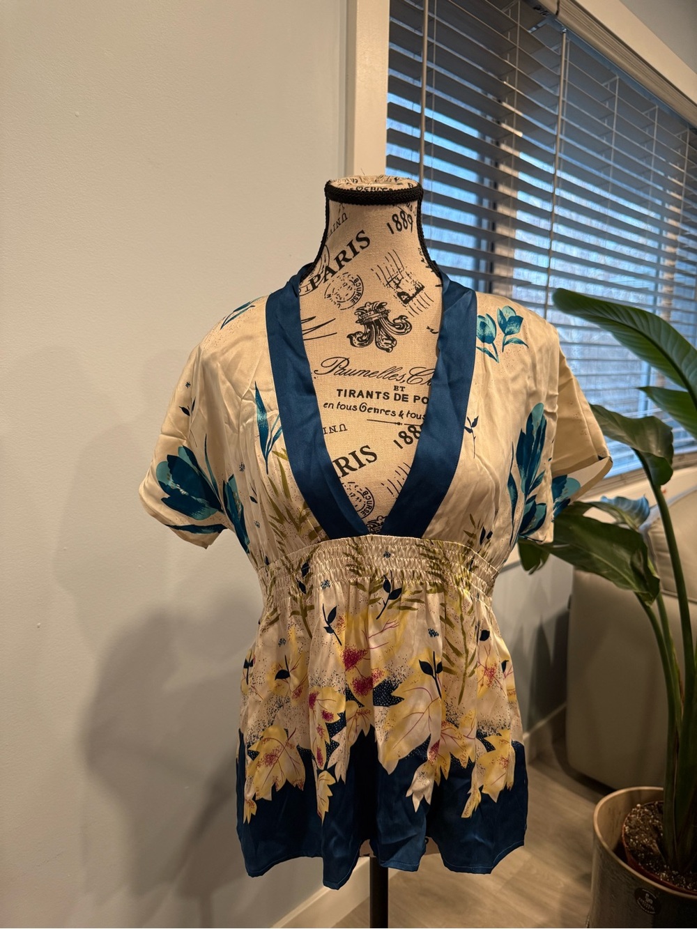 Yumi Kim Cream and Teal Floral Plunge Blouse